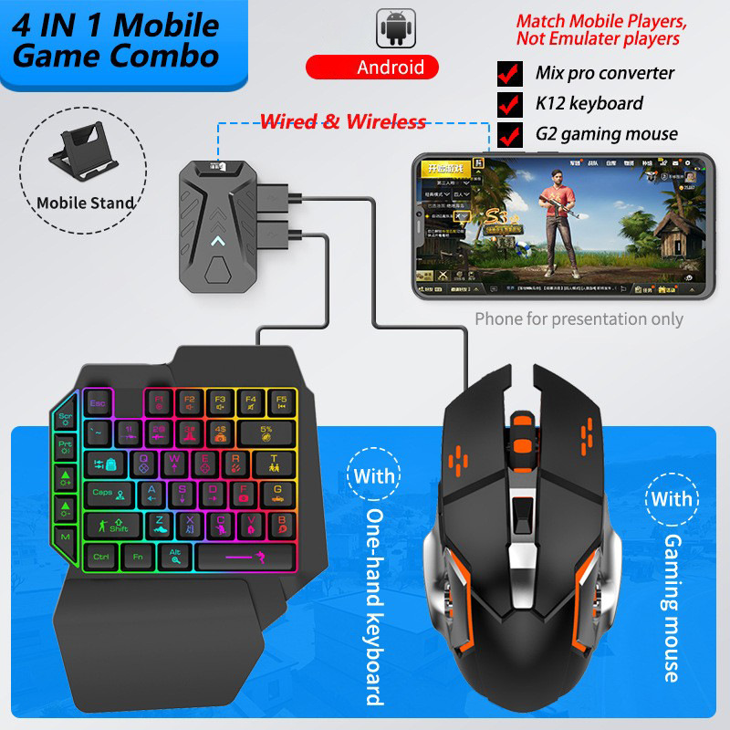 Gaming Keyboard And Mouse Converter For Mobile - ชุดคีย์บอร์ดและเมาส์สำหรับเล่นเกมบนมือถือ คอนเวอร์เตอร์เกมมิ่ง คีย์บอร์ดเกมมิ่งแบบมือเดียว คอนโทรลเลอร์คีย์บอร์ดแบบมีสายและบลูทูธ สองโหมด Mix